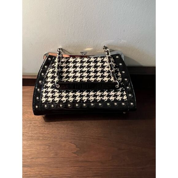 Vintage RARE Trina Turk Black & White Hounds tooth Metal Frame Studded Purse/Bag - Picture 6 of 17